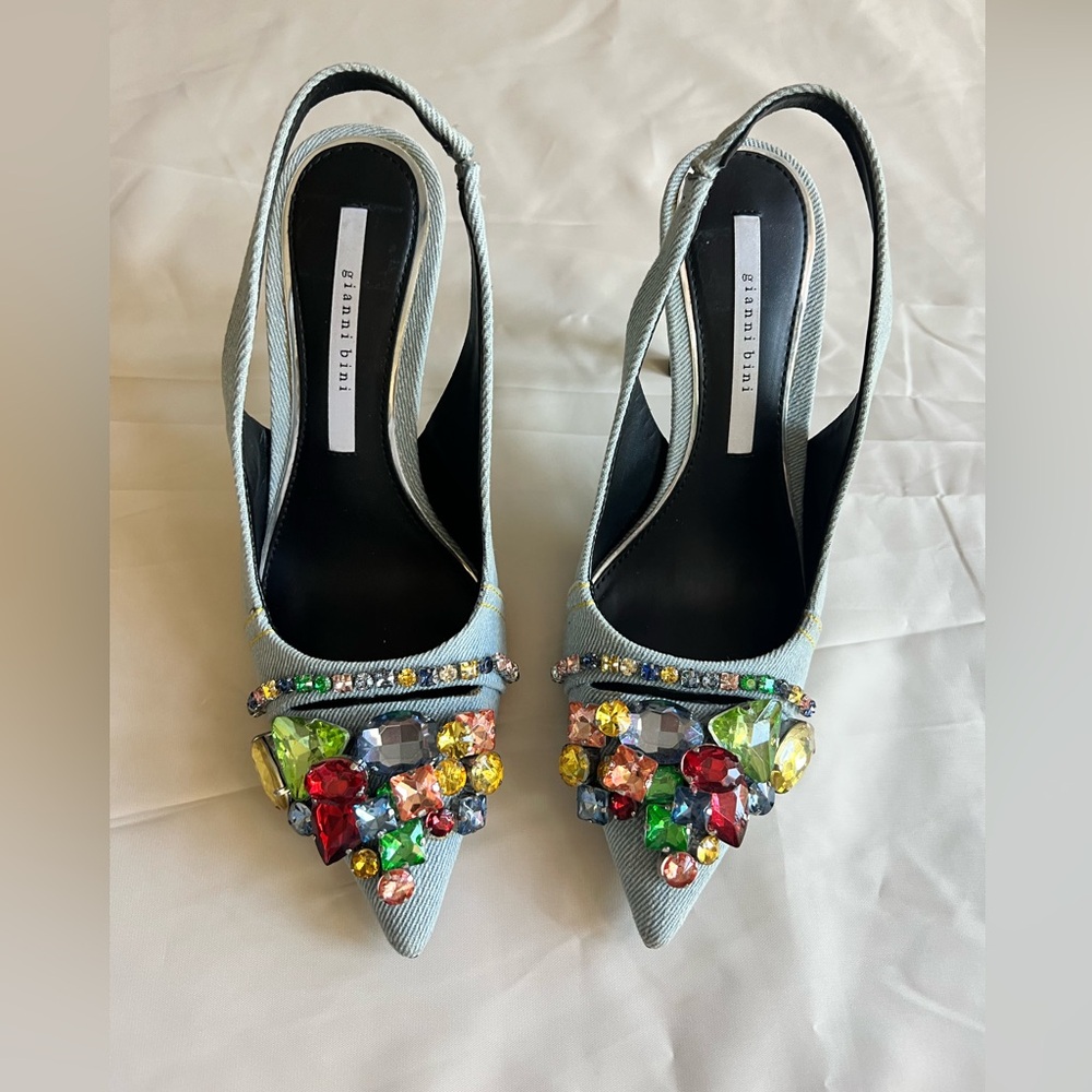 Gianni Bini Light Blue Pointed Slingback Heels with Multicolor Gem Accents